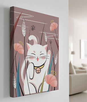 Ilustración de un gato maneki-neko en un entorno de jardín floral