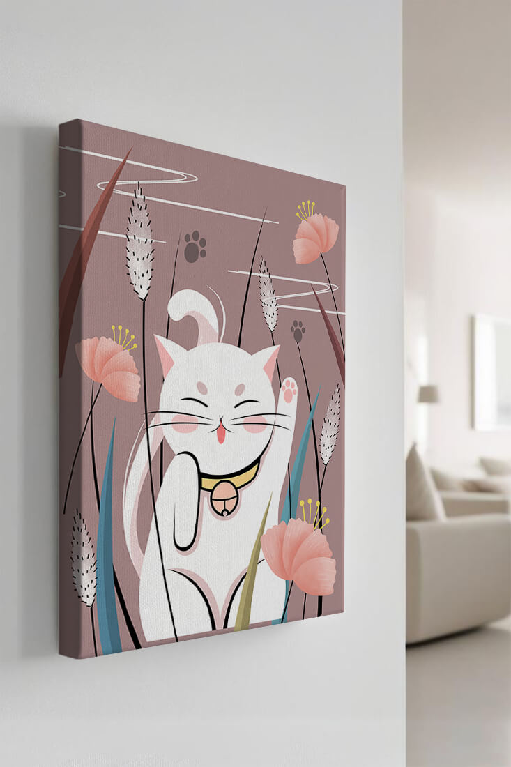 Illustration of a maneki-neko cat in a floral garden setting