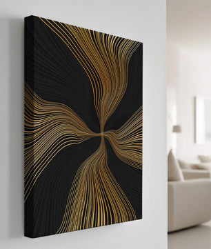 Líneas doradas abstractas sobre fondo negro con flujo dinámico