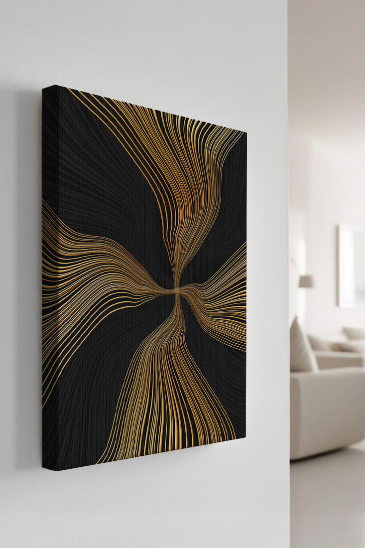 Líneas doradas abstractas sobre fondo negro con flujo dinámico