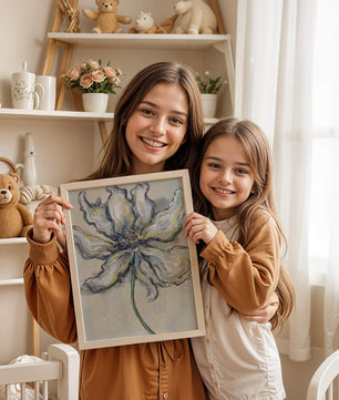 Elegant blue and green abstract floral artwork with flowing lines