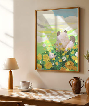 Whimsical Scene of Fluffy Cat and Kitten Among Yellow Flowers