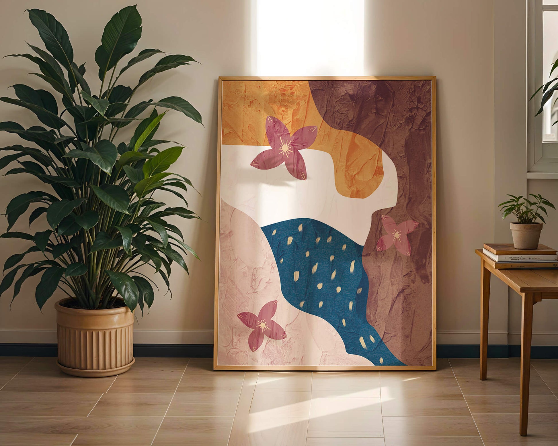 Diseño floral abstracto con colores vibrantes y fondo texturizado