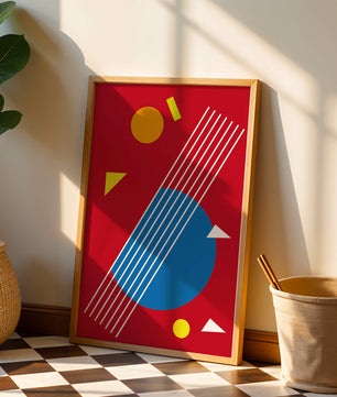 Formas geométricas abstractas con colores y líneas audaces