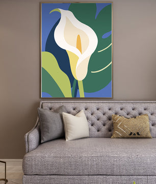 Ilustración floral abstracta con fondo verde y azul
