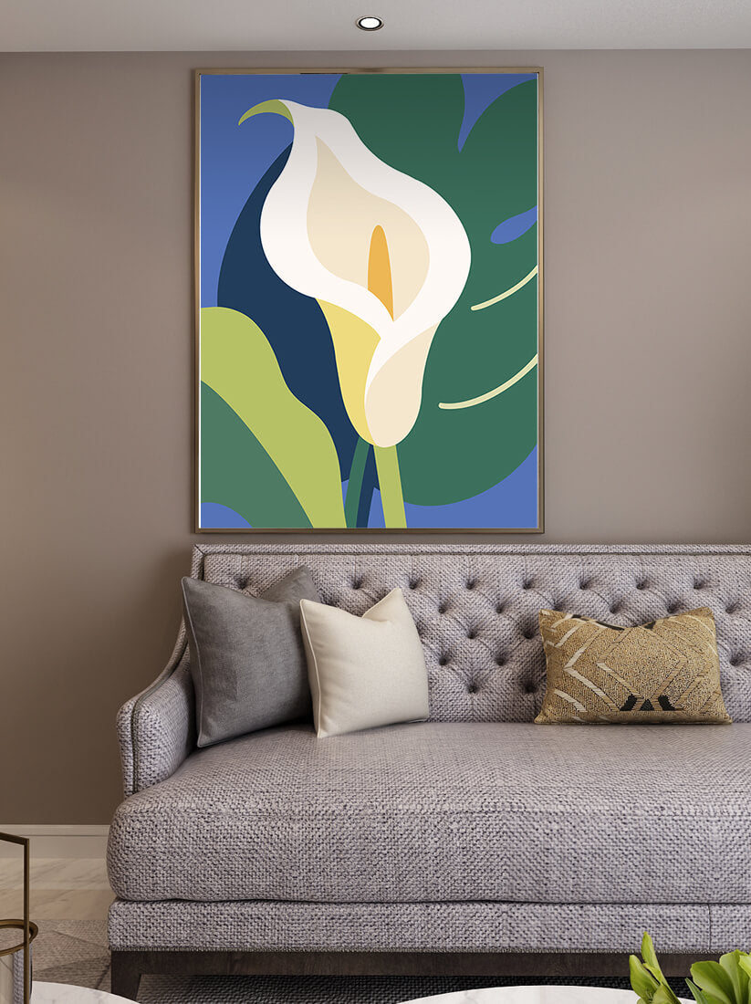 Ilustración floral abstracta con fondo verde y azul