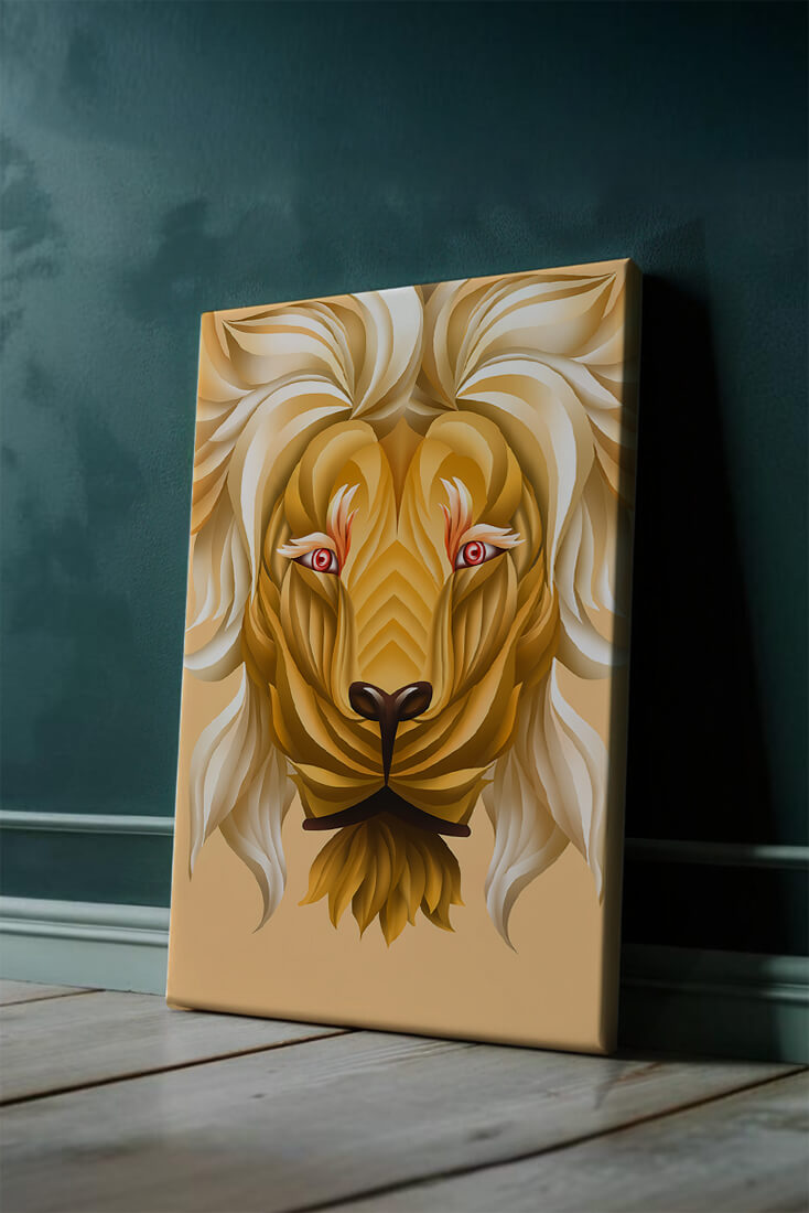 Lion Face with Intricate Golden Pattern and Flowing Mane