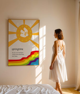 Colorful springtime illustration with dove and rainbow