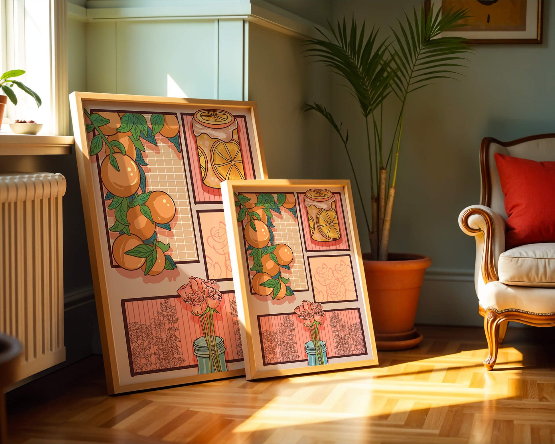 Composición artística con naranjas, frasco de rodajas de limón y rosas sobre fondo geométrico