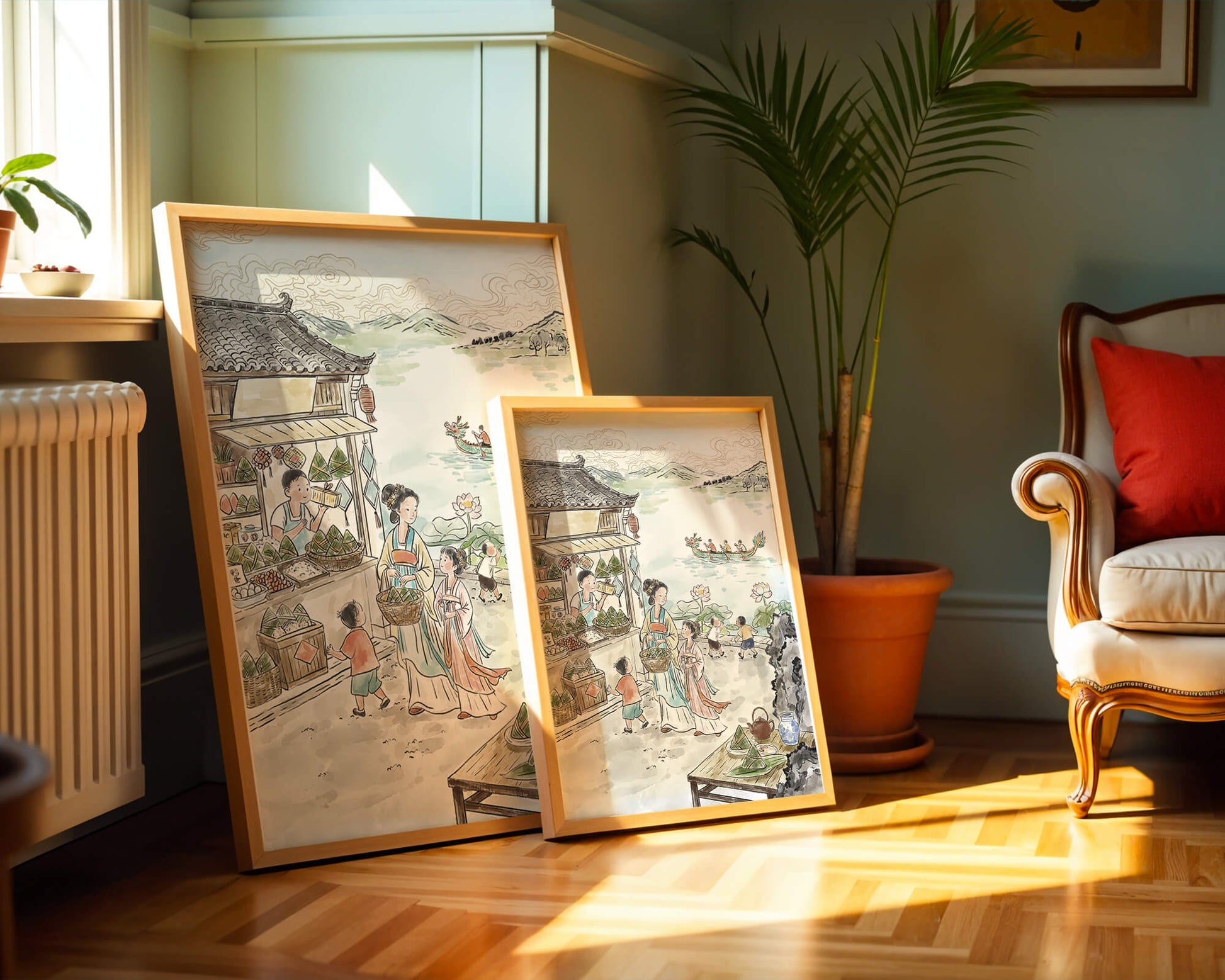 Traditional Chinese Market Scene with Dragon Boat on River
