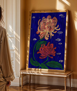 Colorful chrysanthemum illustration on dark blue background