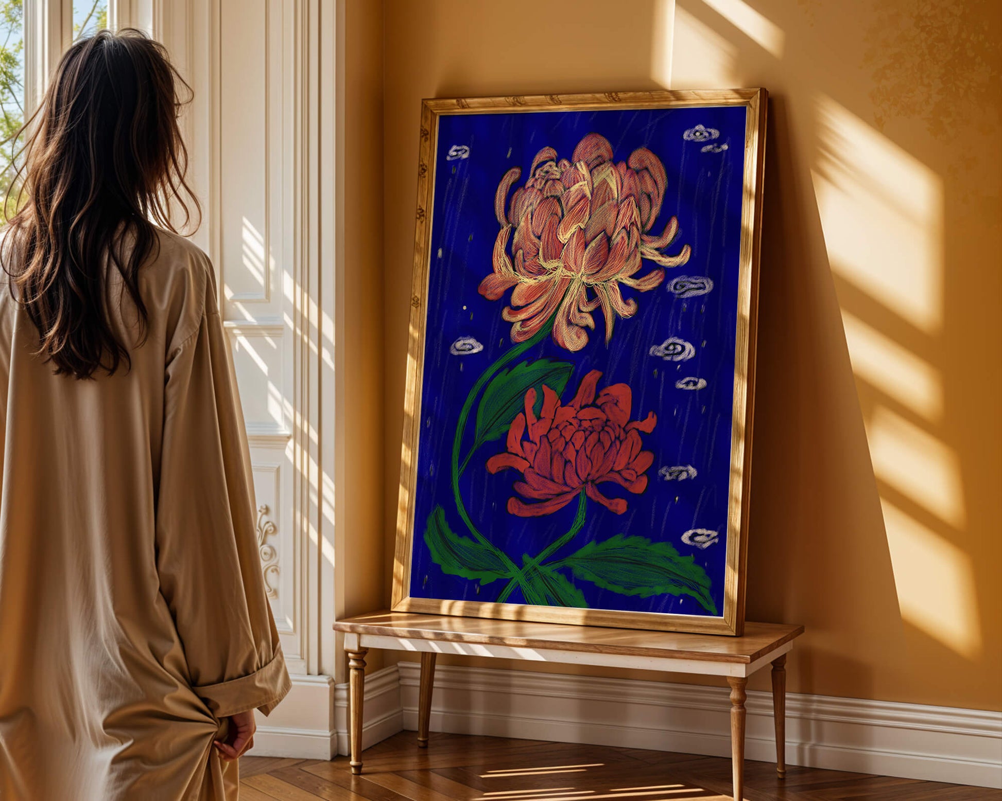 Colorful chrysanthemum illustration on dark blue background