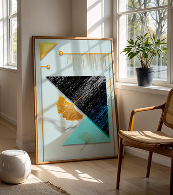 Abstract Composition with Geometric Shapes and Gold Ginkgo Leaves