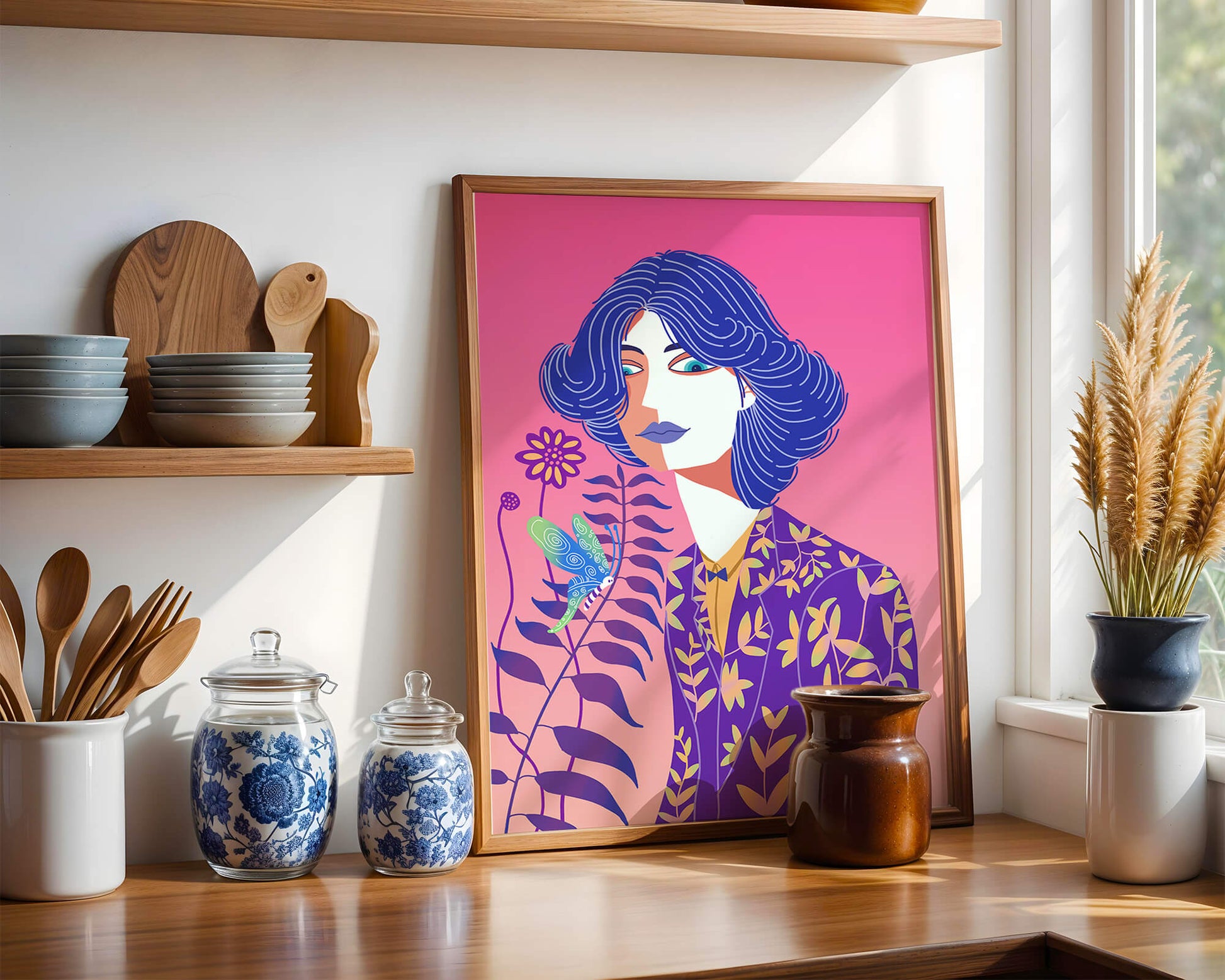 Stylized Portrait of a Woman with Blue Hair and Botanical Pattern