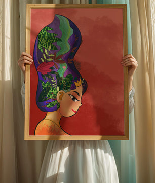 Colorful artistic portrait with nature-inspired hair design