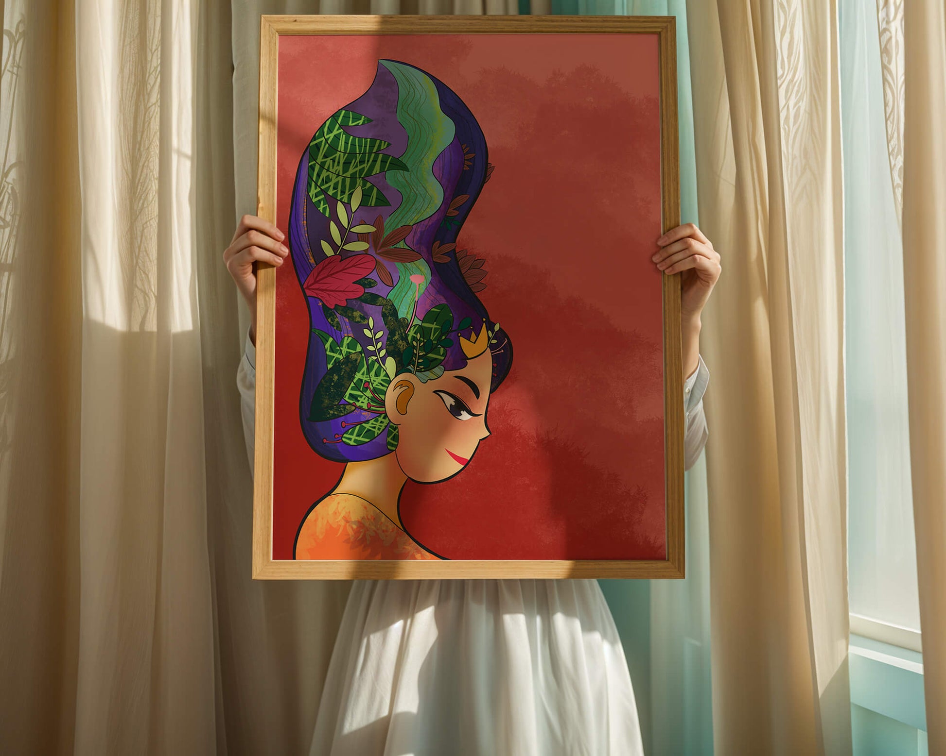 Colorful artistic portrait with nature-inspired hair design