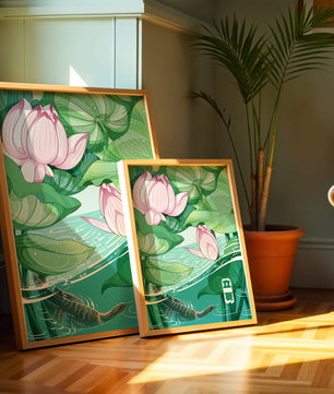 Illustration nature sereine avec fleurs de lotus et vie aquatique