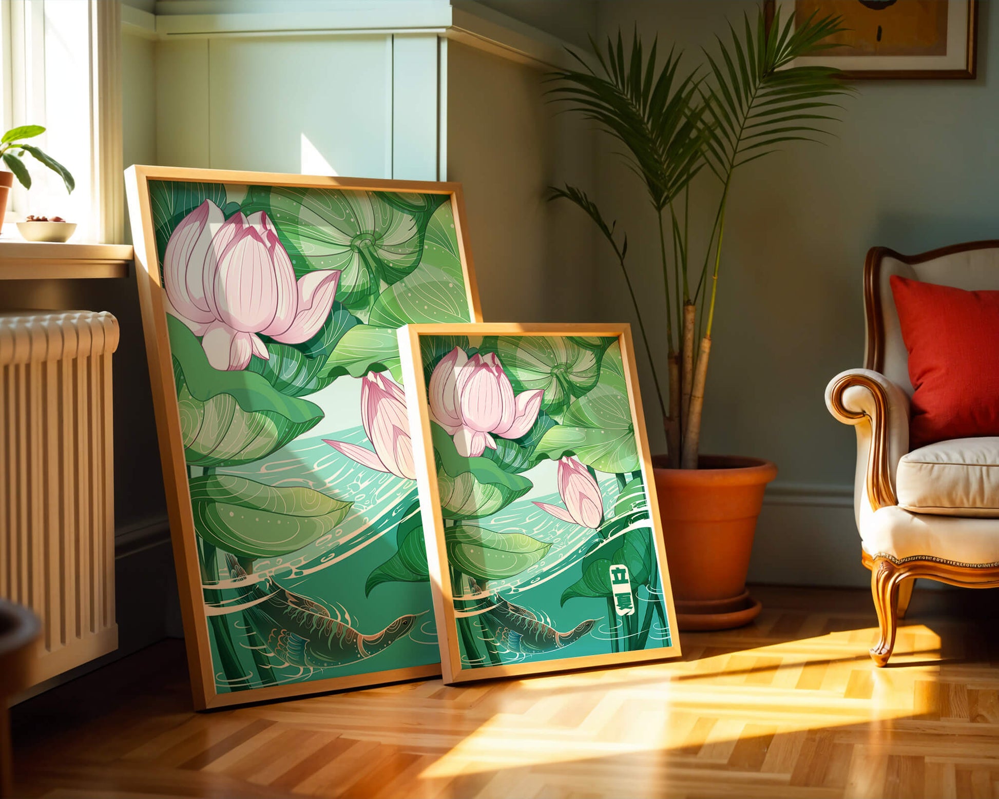 Ilustración de la naturaleza serena con flores de loto y vida acuática