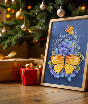 Colorida ilustración de mariposa y flores azules