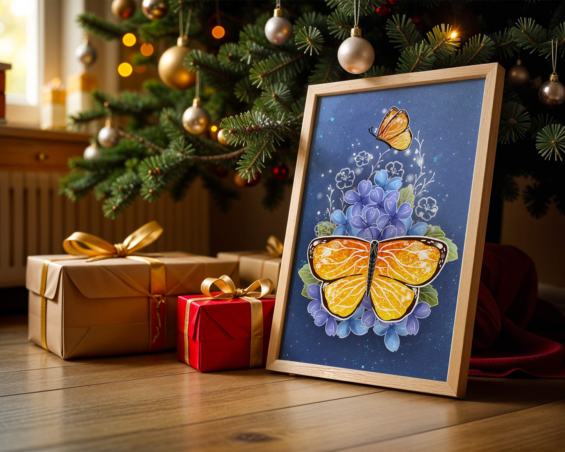 Colorida ilustración de mariposa y flores azules