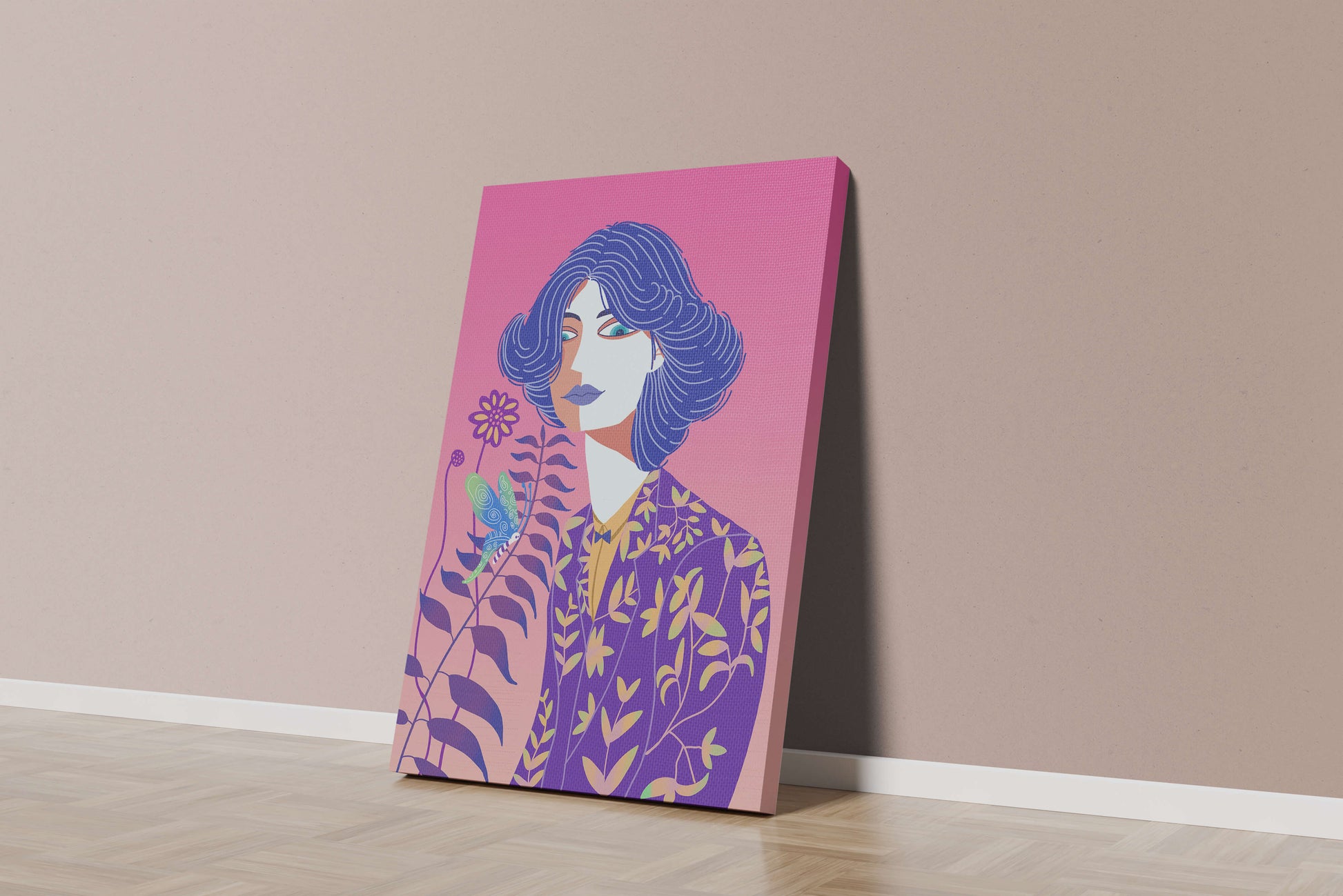 Stylized Portrait of a Woman with Blue Hair and Botanical Pattern