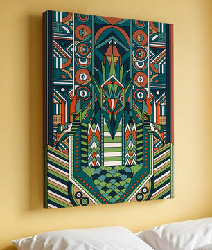 Design géométrique abstrait inspiré de l’Art déco avec des motifs symétriques et un motif animal
