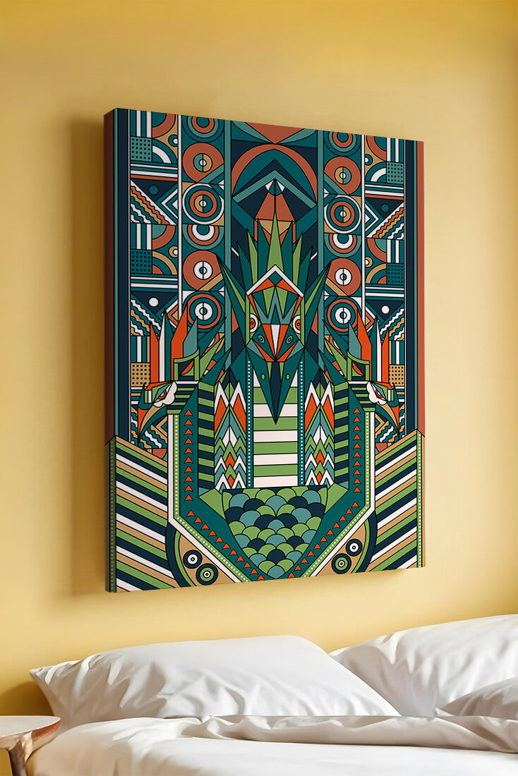Art Deco Inspired Abstract Geometric Design with Symmetrical Patterns and Animal Motif