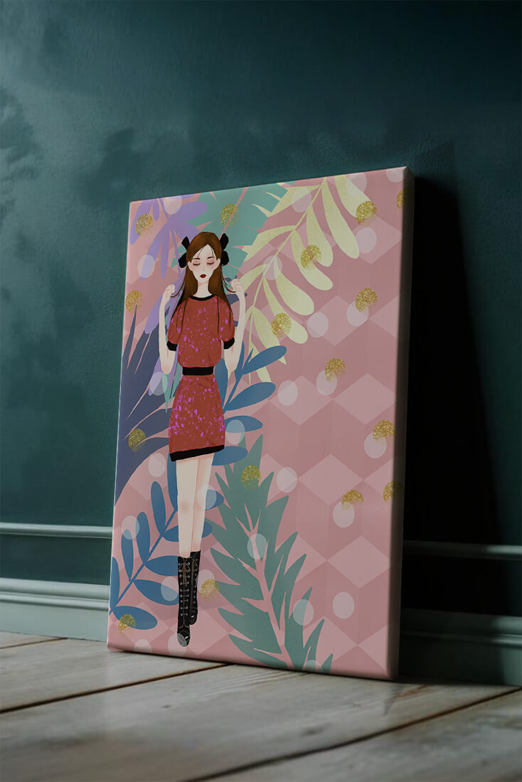 Stylish illustration of a woman with botanical elements and geometric background