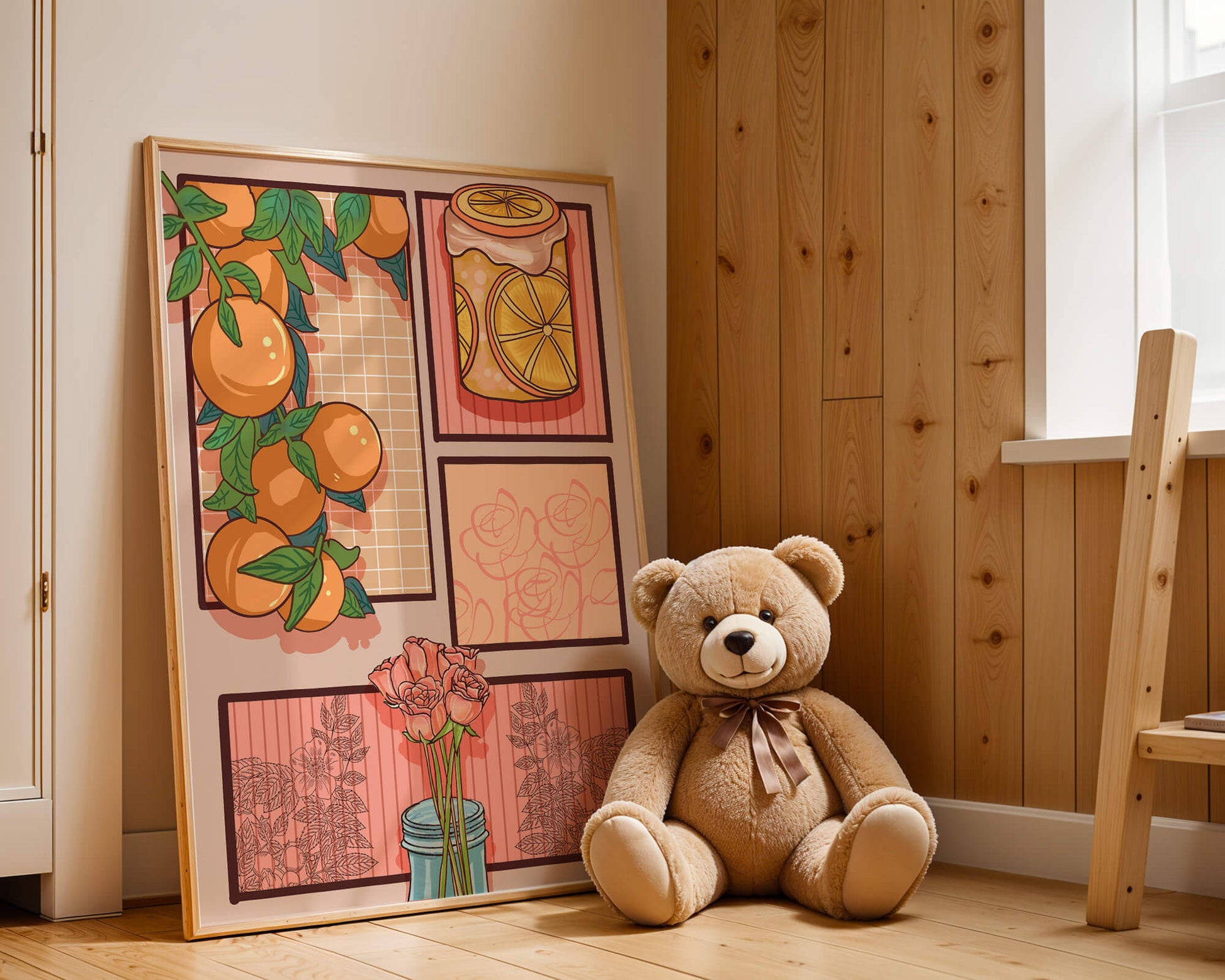 Composición artística con naranjas, frasco de rodajas de limón y rosas sobre fondo geométrico