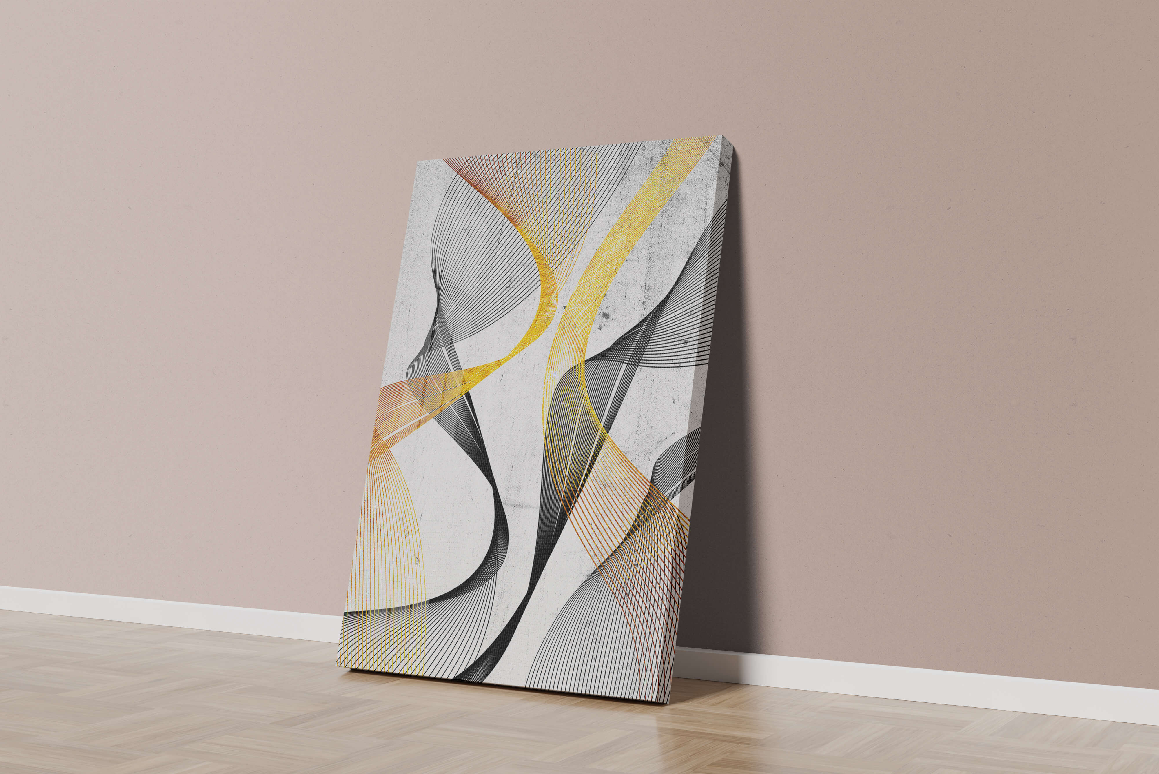 Abstract dynamic lines with golden and black swirls on textured background