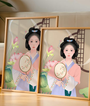 Elegant traditional Asian woman in pastel attire with floral background