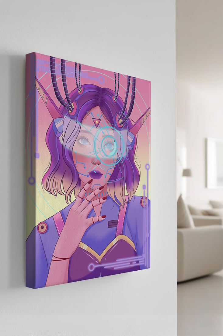Futuristic digital art featuring a cybernetic woman with a holographic interface