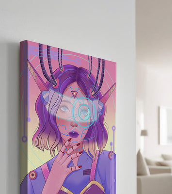 Futuristic digital art featuring a cybernetic woman with a holographic interface