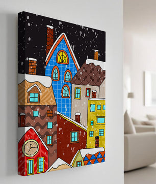 Farbenfrohe Winterstadtlandschaft mit schneebedeckten Häusern im Cartoon-Stil
