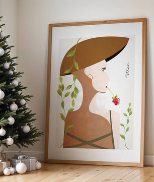 Elegant Abstract Portrait of a Woman with Floral Elements and a Large Hat - Mi tienda