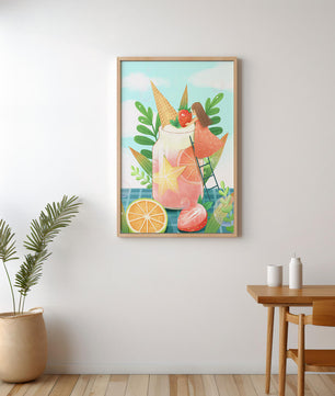 Bezaubernde Sommergetränk-Illustration mit Früchten, Blättern und einem Kind