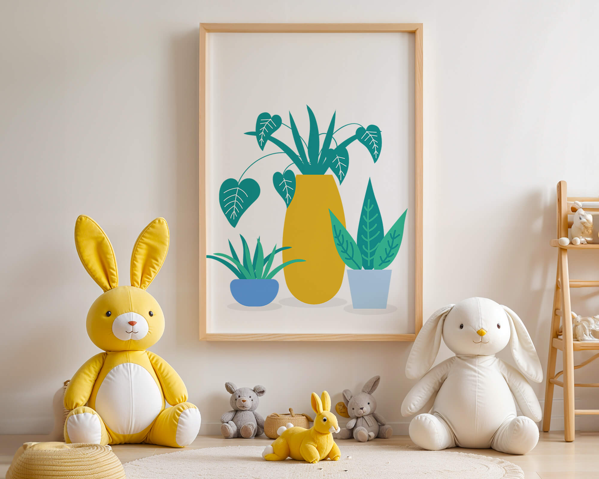 Illustration of colorful potted plants with a yellow vase
