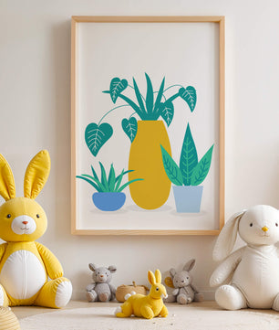 Illustration of colorful potted plants with a yellow vase