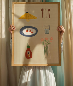 Artículos de cocina ilustrados que incluyen lámpara, utensilios y flores