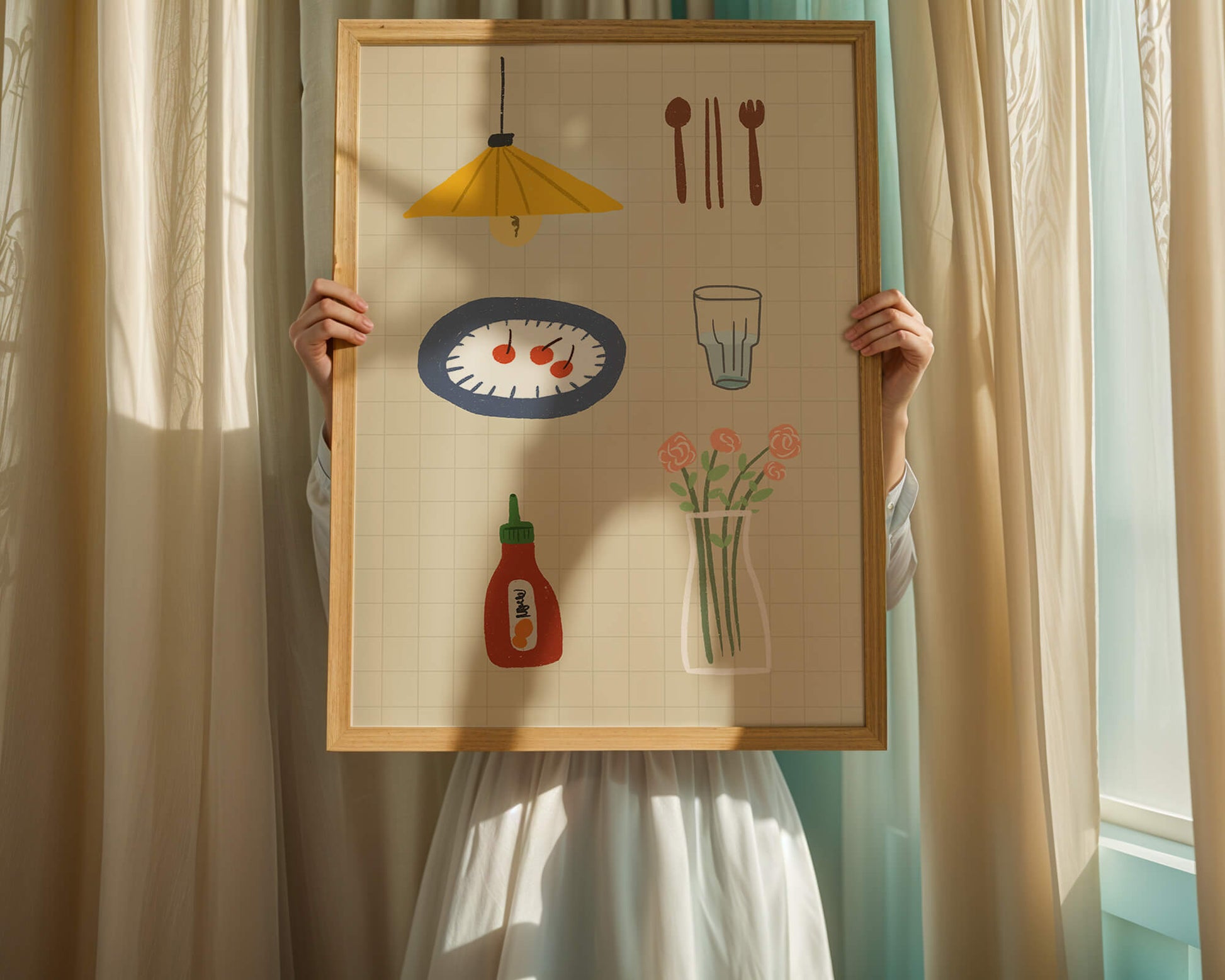 Artículos de cocina ilustrados que incluyen lámpara, utensilios y flores