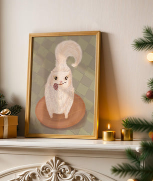 Illustration of fluffy cat with rose on a cushion