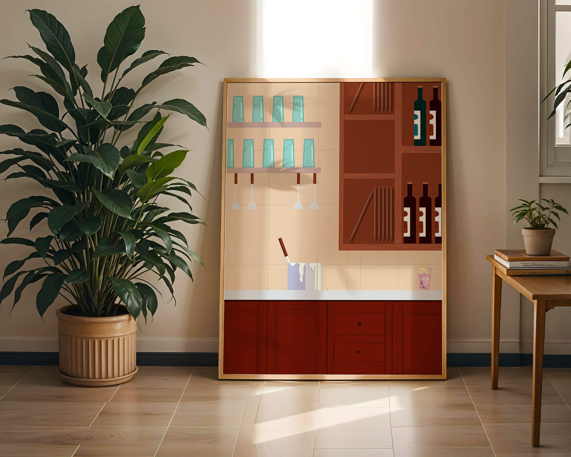 Modern kitchen interior with wooden cabinets and glass shelves