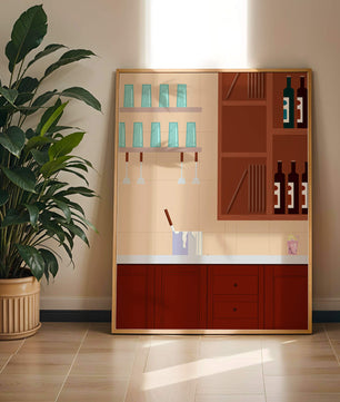 Interior de cocina moderna con gabinetes de madera y estantes de vidrio