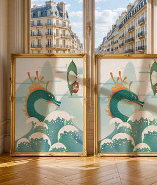 Illustration d’un dragon avec des vagues et des éléments traditionnels chinois