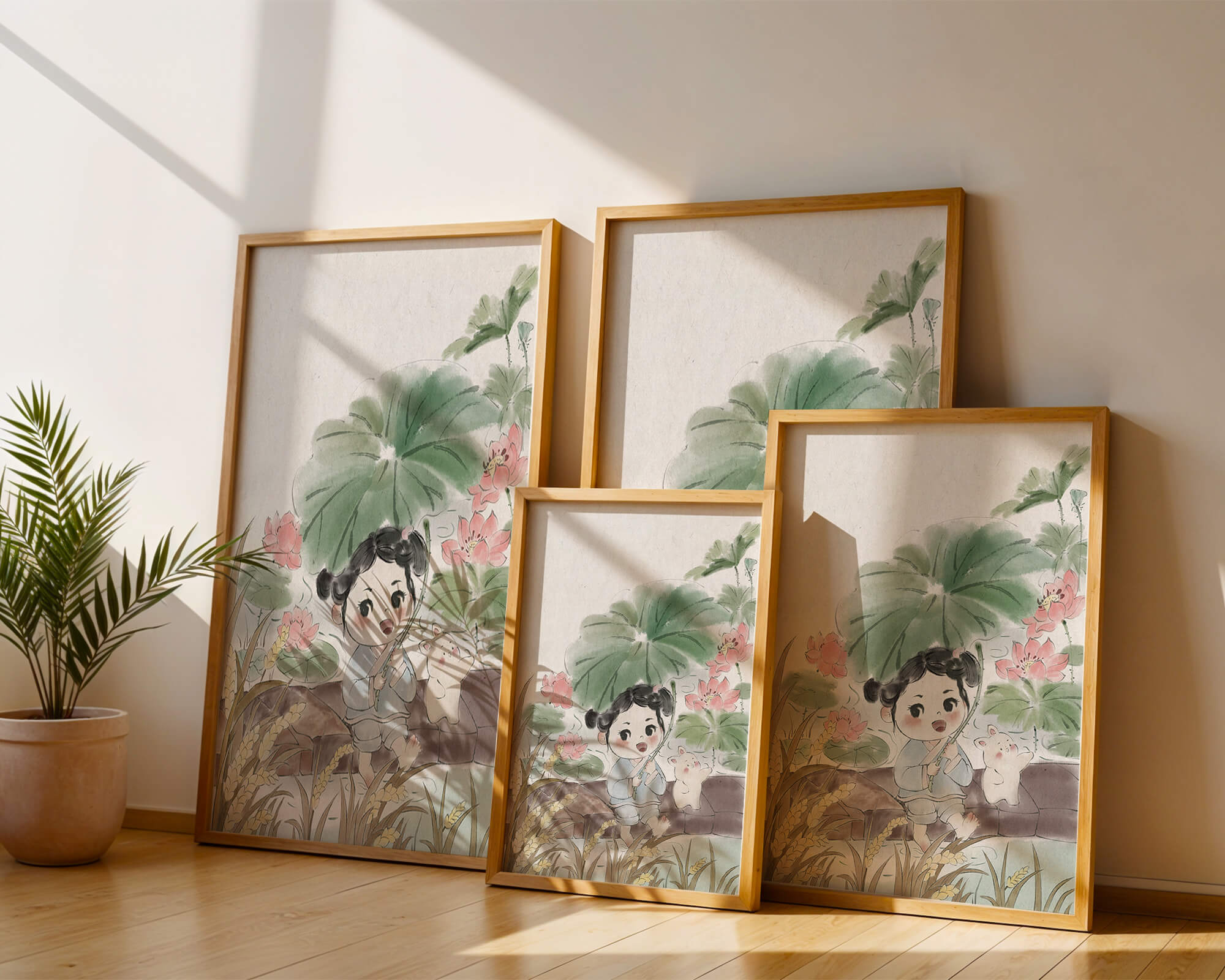 Charming illustration of a child with flowers and a bunny by the water
