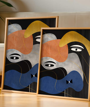 Abstract geometric art with bold colors and gold accents