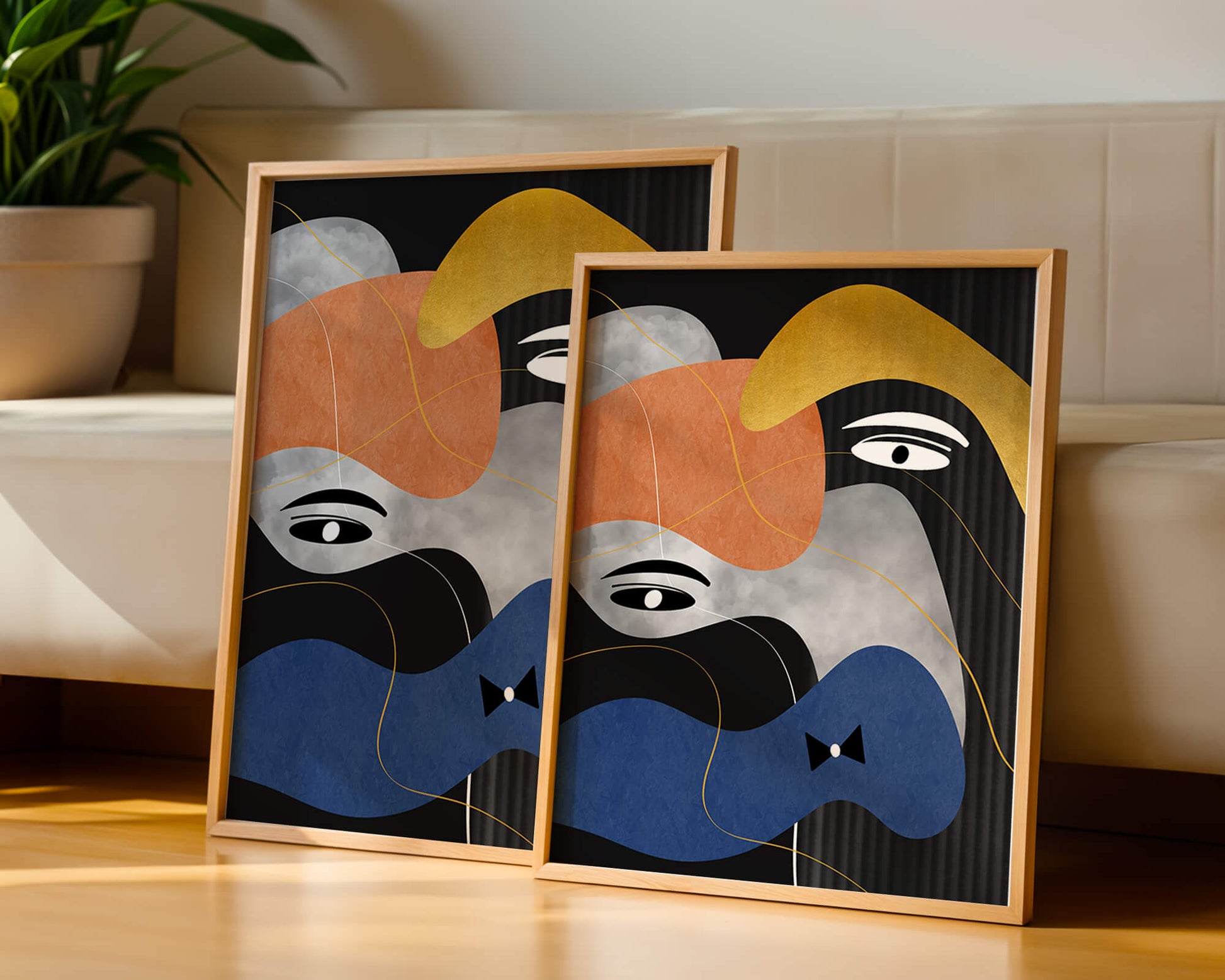 Abstract geometric art with bold colors and gold accents