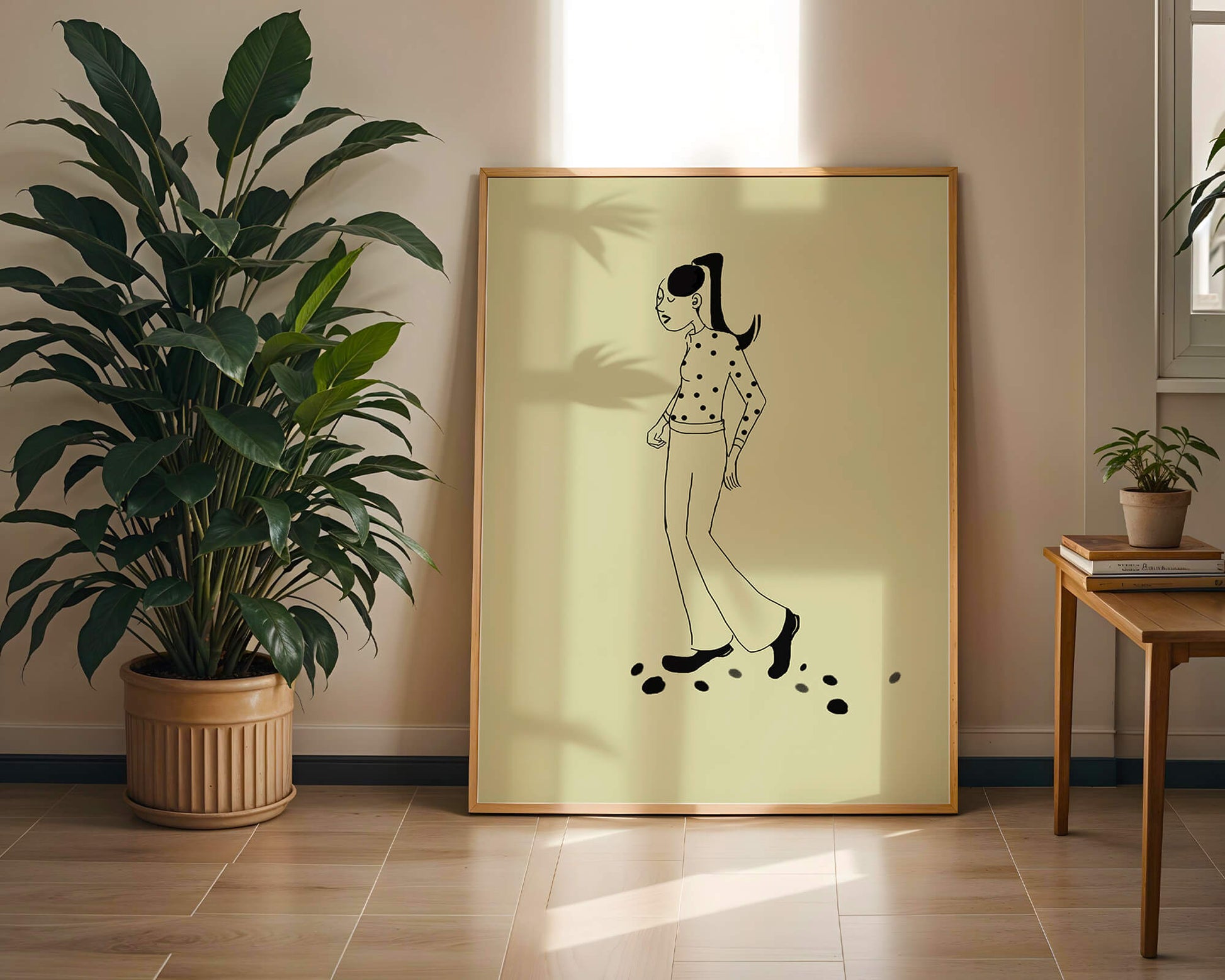 Illustration of a person walking in a polka dot shirt with ponytail