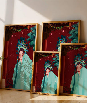Traditional Asian art with elegant woman in traditional attire