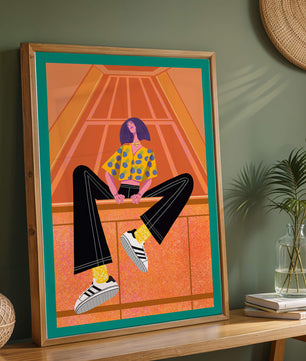 Stylish woman sitting in a vibrant geometric setting
